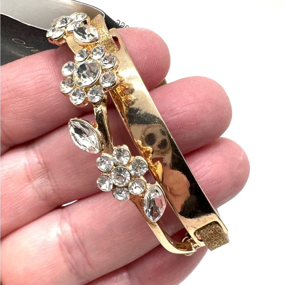 Gennaro Gold Tone Floral Crystal and Leather Bracelet Set